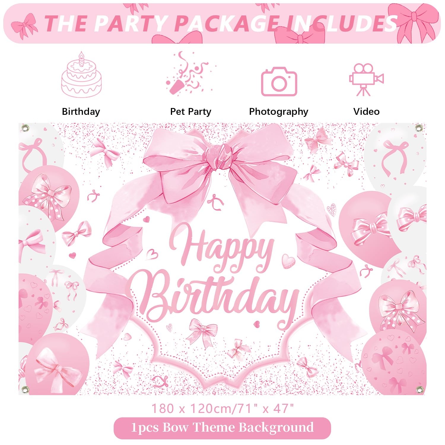Pink Bow Coquette Girl Happy Birthday Decoration Photo Backdrop 71×47 In