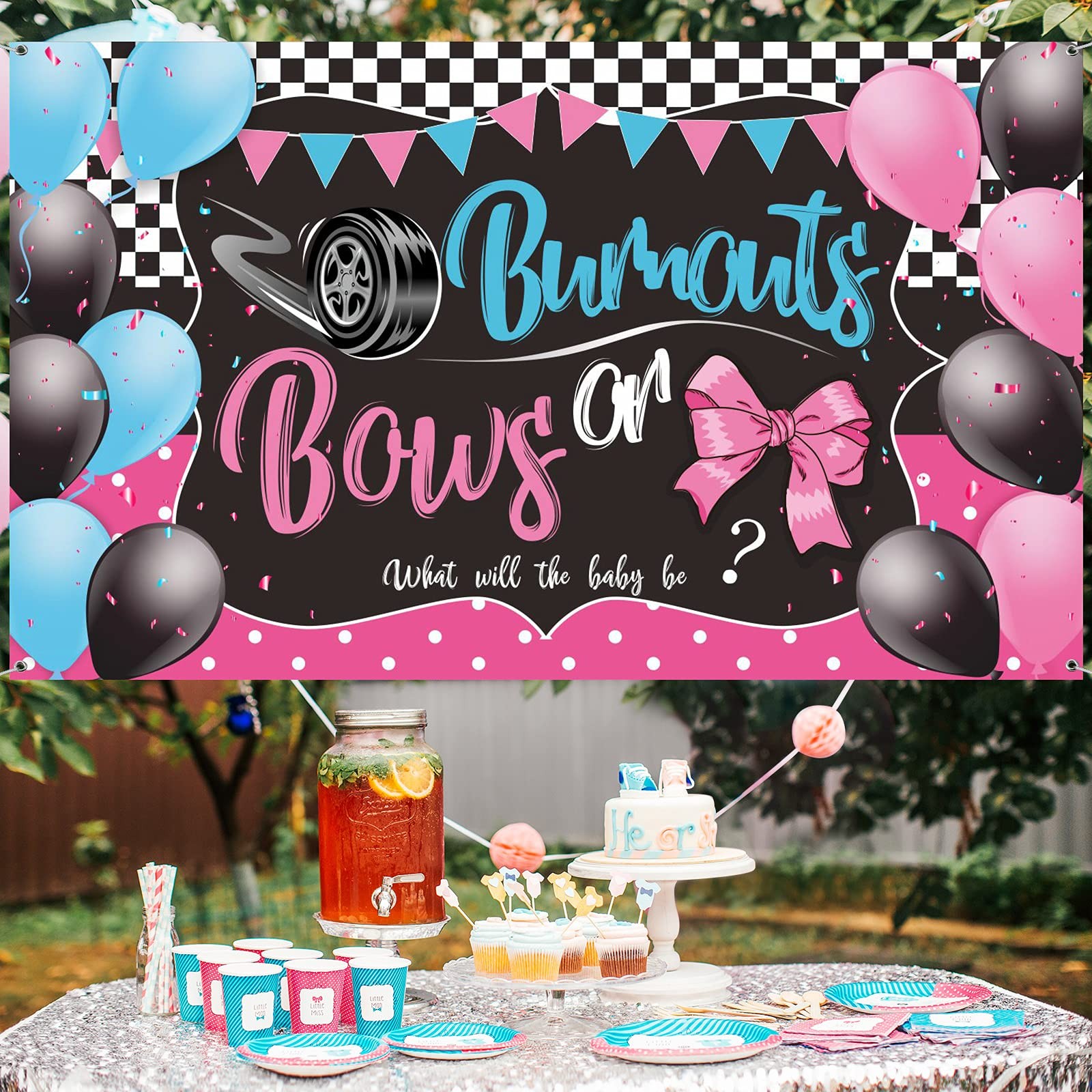 Burnouts or Bows Gender Reveal Decoration 72.8 x 43.3 inch, Multicolor