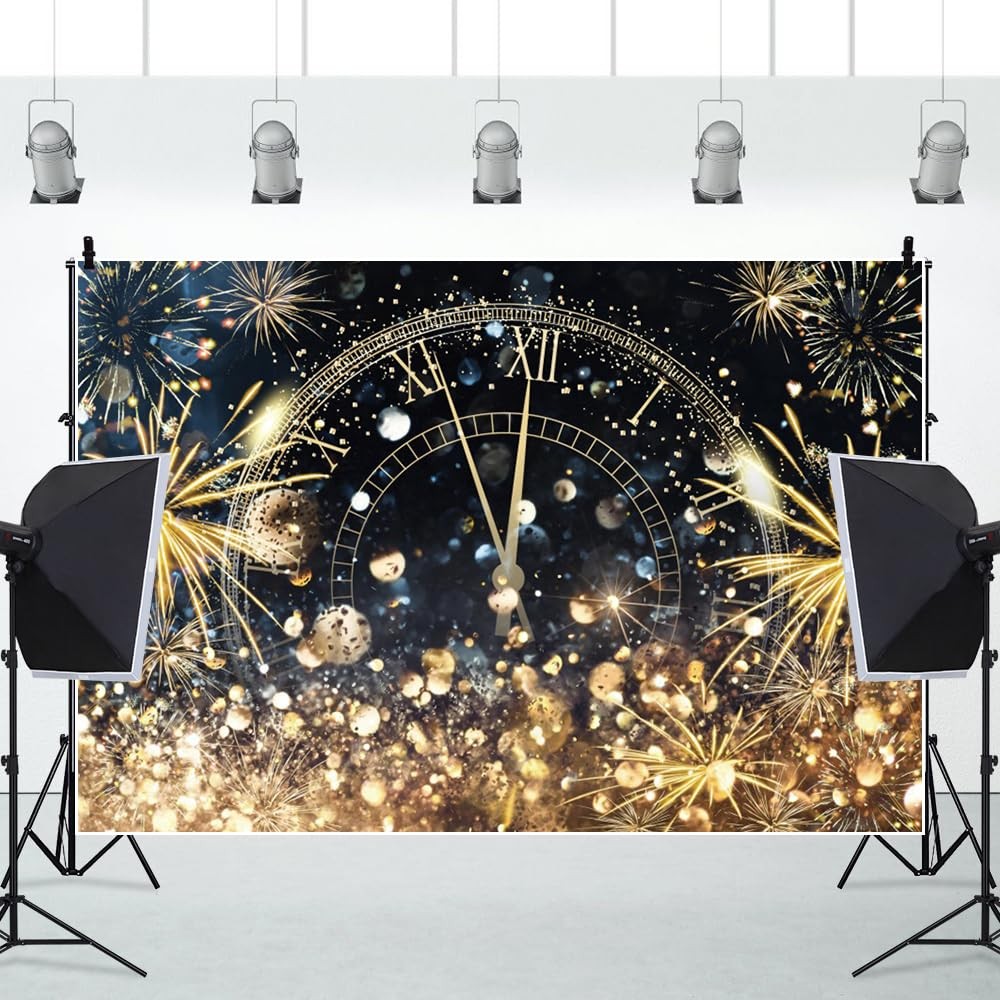 10x8ft Vinyl Happy New Year Backdrop Clock Golden Fireworks Glitter Dots Pro Fix