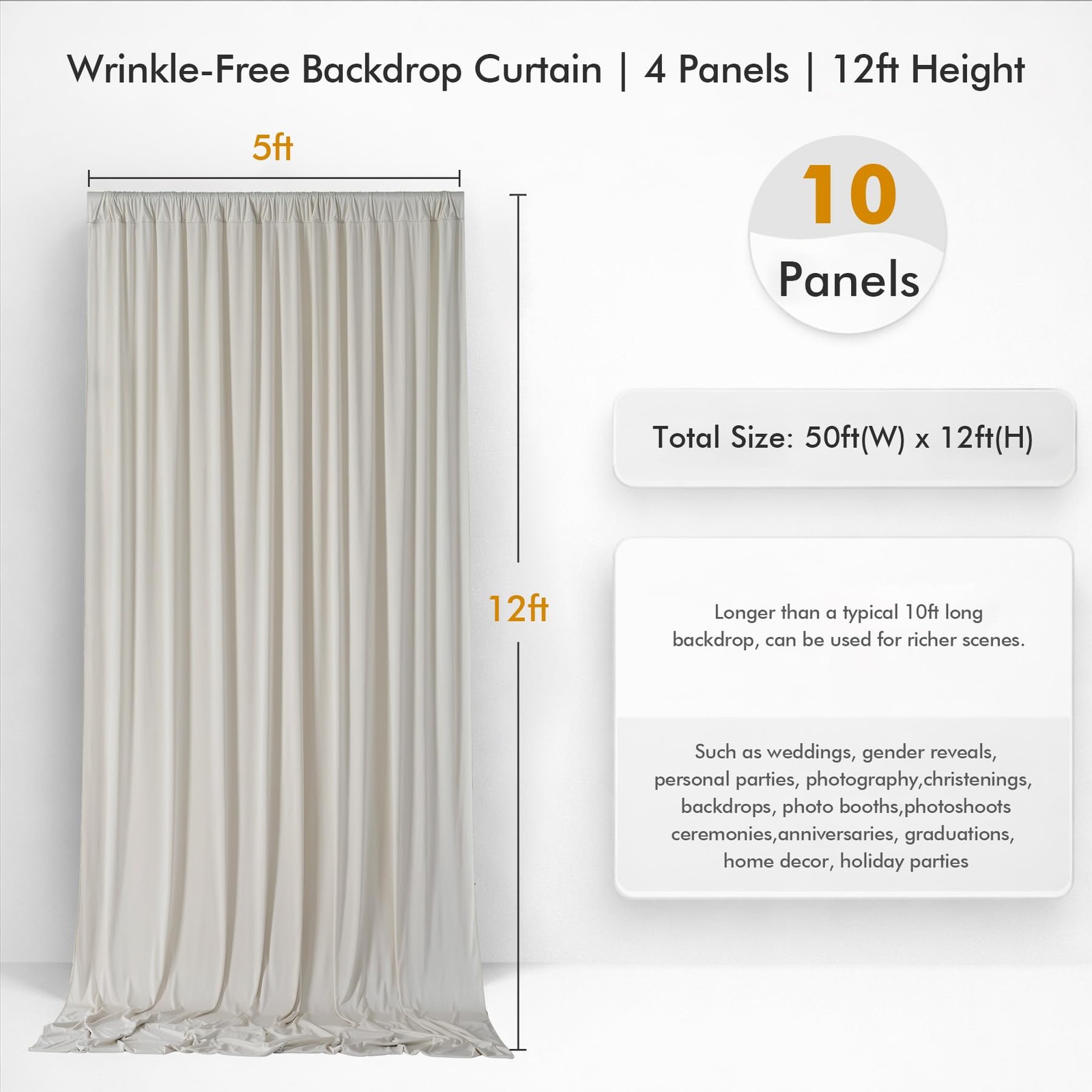 50ftx12ft Wrinkle Free Champagne (W)5ft x (H)12ft (10 Panel),
