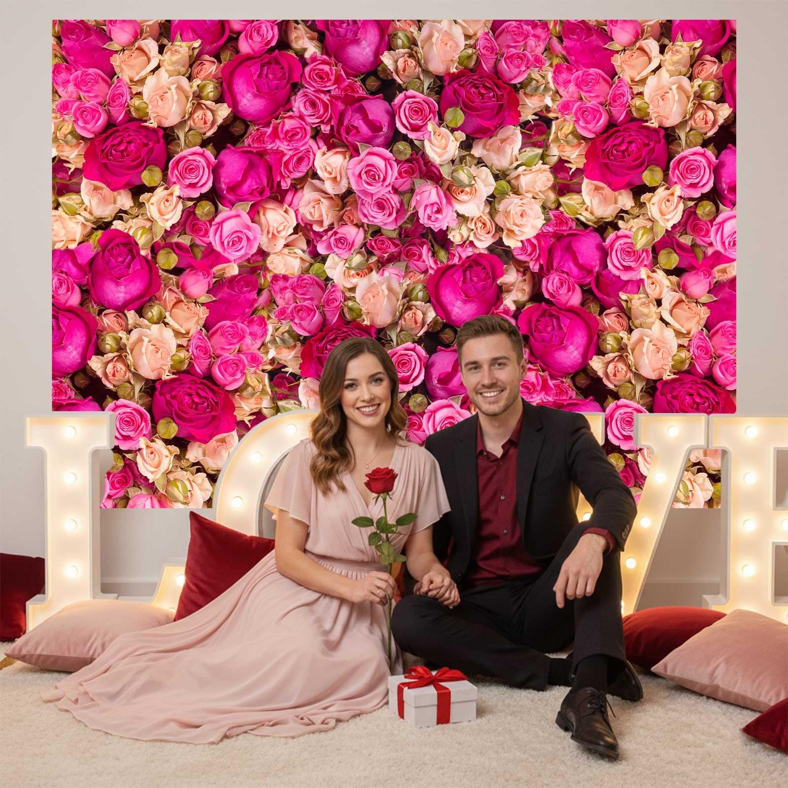 8×8 FT Pink Red Rose Flowers Photography Backdrop Valentines Day Background