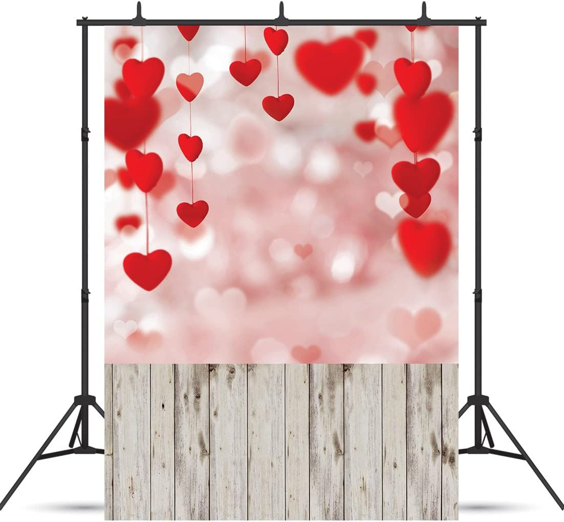 WOLADA Valentine Photography Backdrop – Red Heart Bokeh & Rustic Wood Photo Back