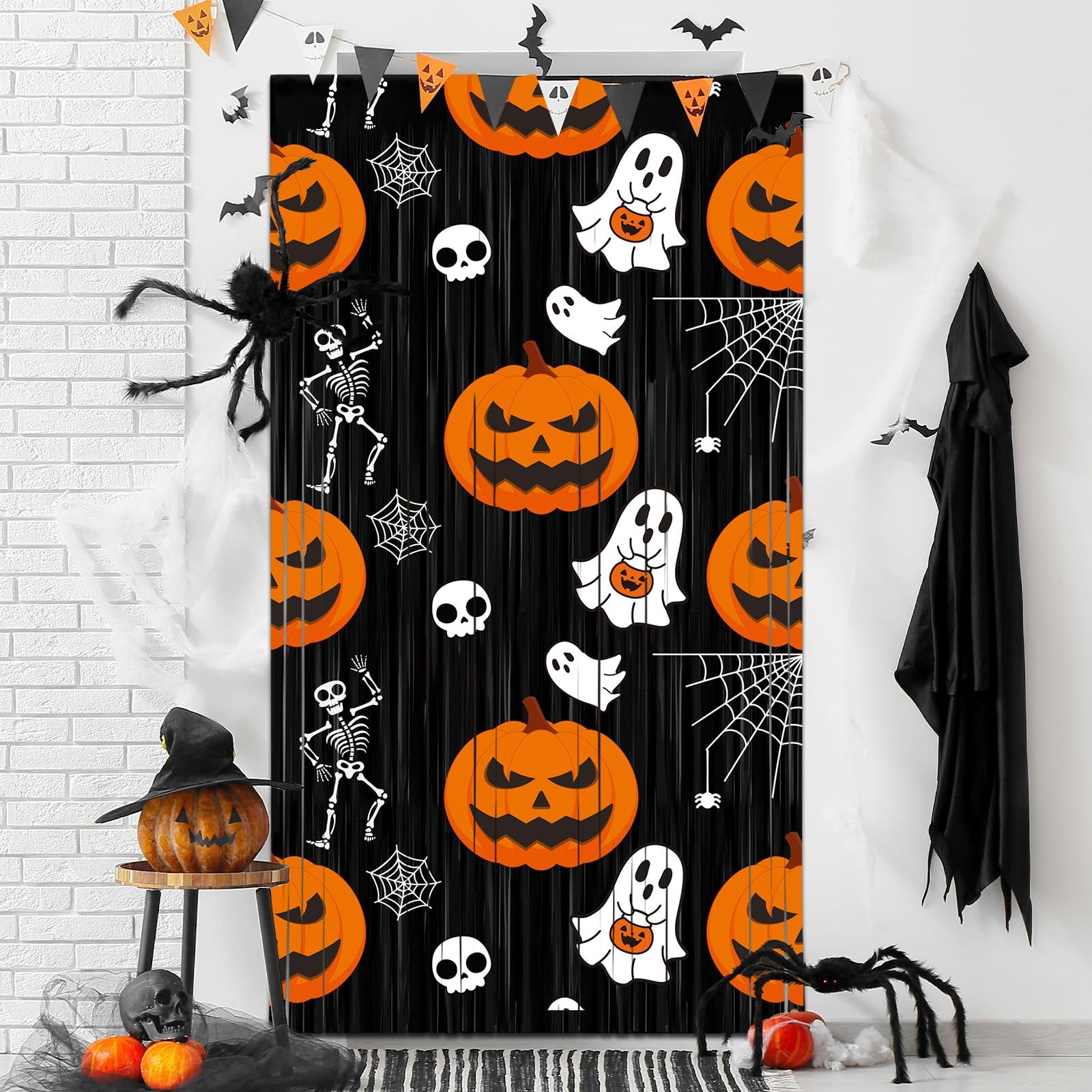 2 Pack Halloween Foil Fringe Curtains Black Orange Tinsel Photo Backdrop