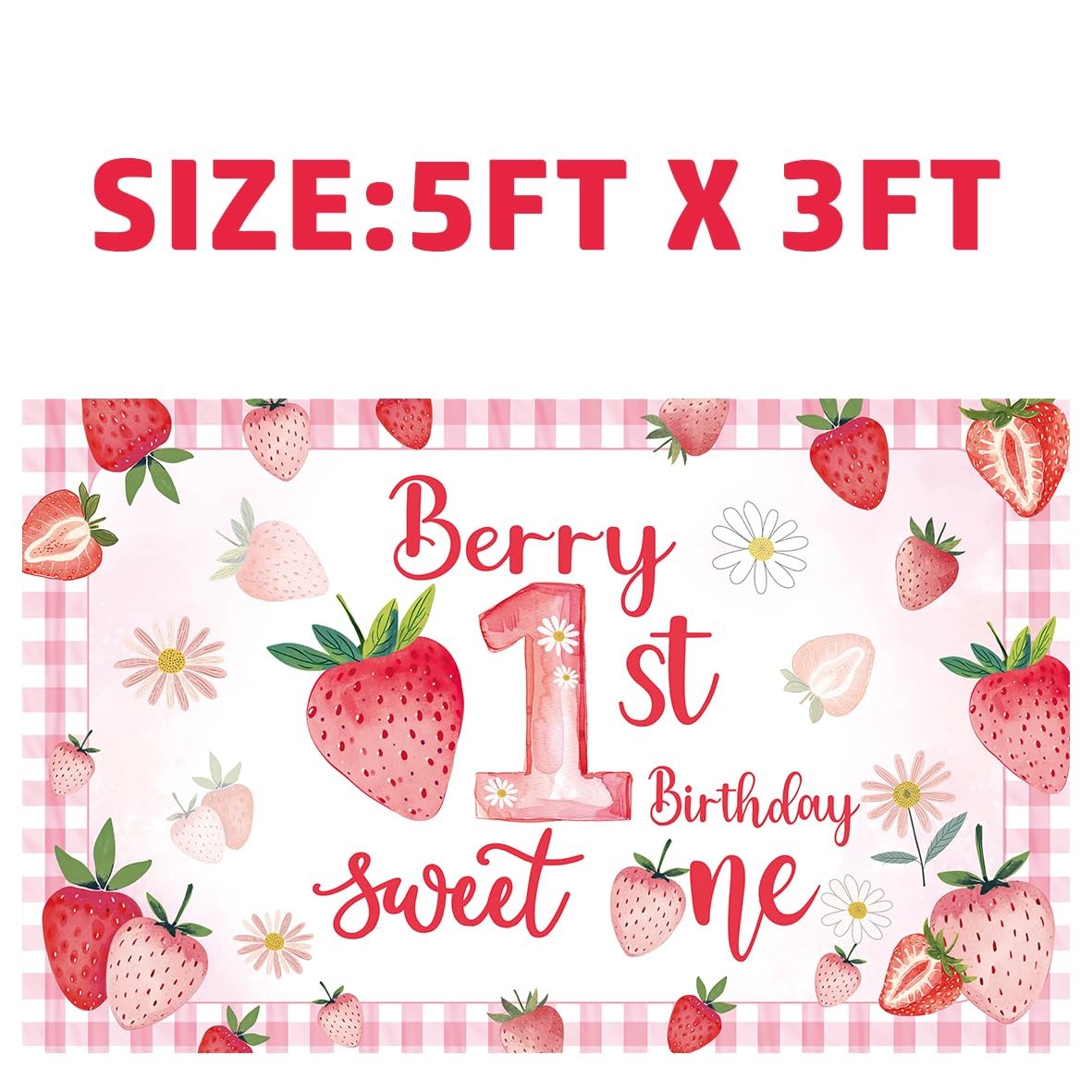 Pink Strawberry Theme Birthday Party Decorations Berry First Backdrop 5x3FT