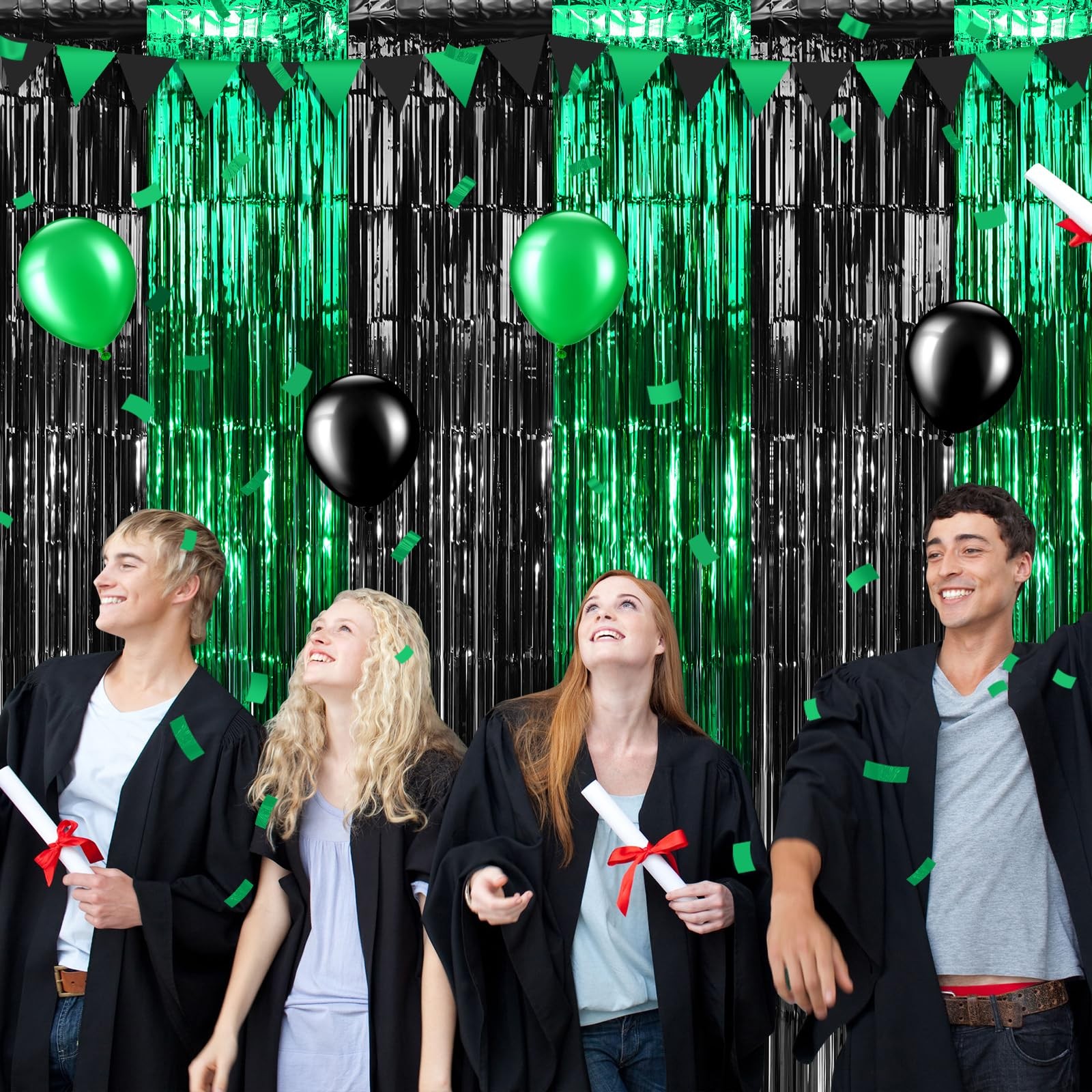 Graduation Foil Fringe Curtain Backdrop Green Black Metallic 6.6 Ft 3 Pack