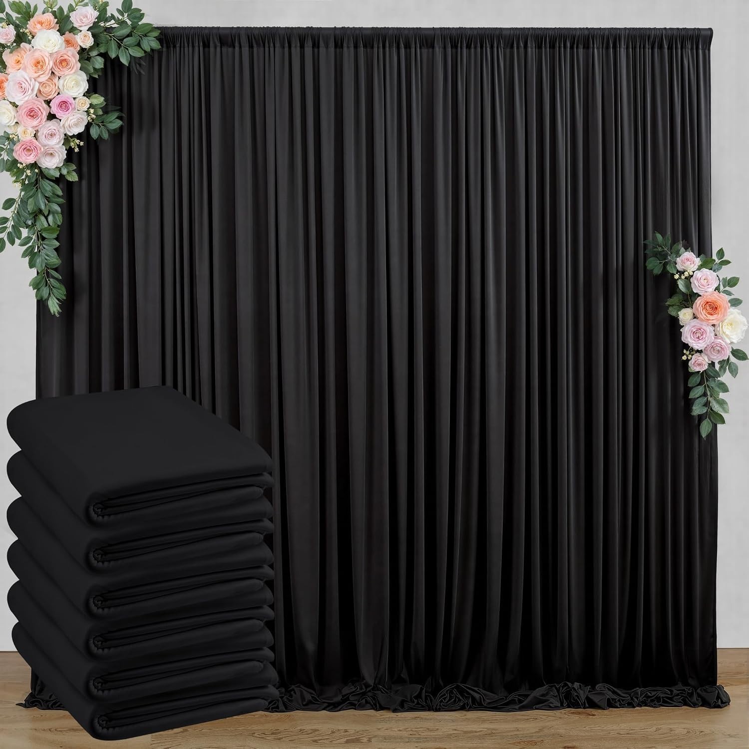 30 ft x 8 ft Black Backdrop Curtain for Parties, 6 Panels 5 ft x 8 ft Wrinkle…