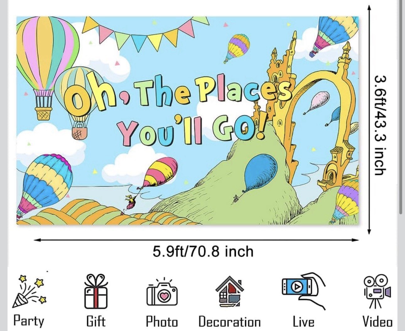 Oh, The Places You’ll Go! Cartoon Polyester Foldable Backdrop 5.9ft x 3.6ft