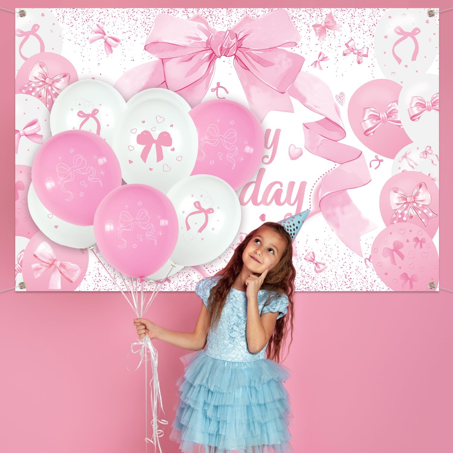 Pink Bow Coquette Girl Happy Birthday Decoration Photo Backdrop 71×47 In