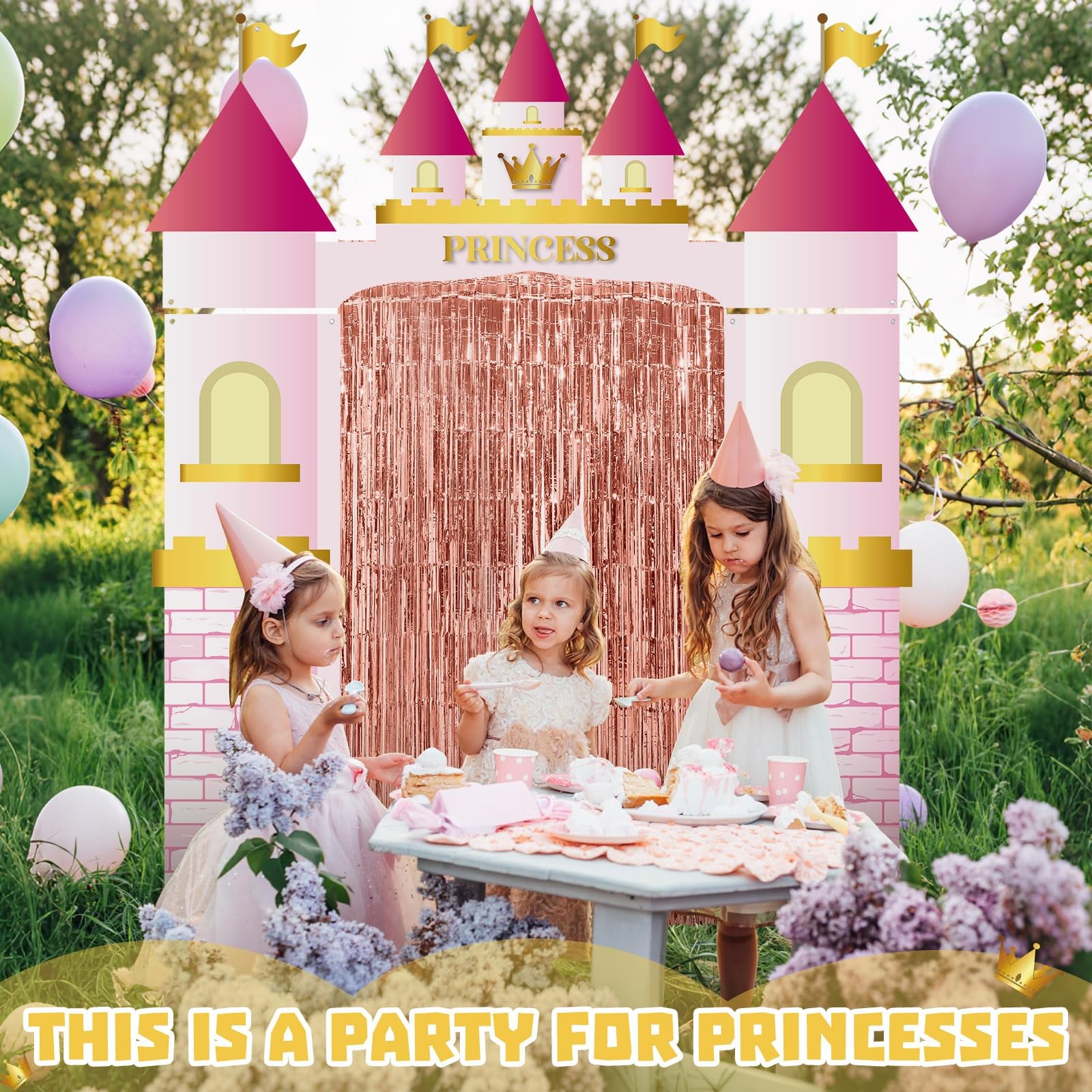 7pcs Princess Party Decorations Castle Porch Banners Pink Rug Rose Foil Fring…
