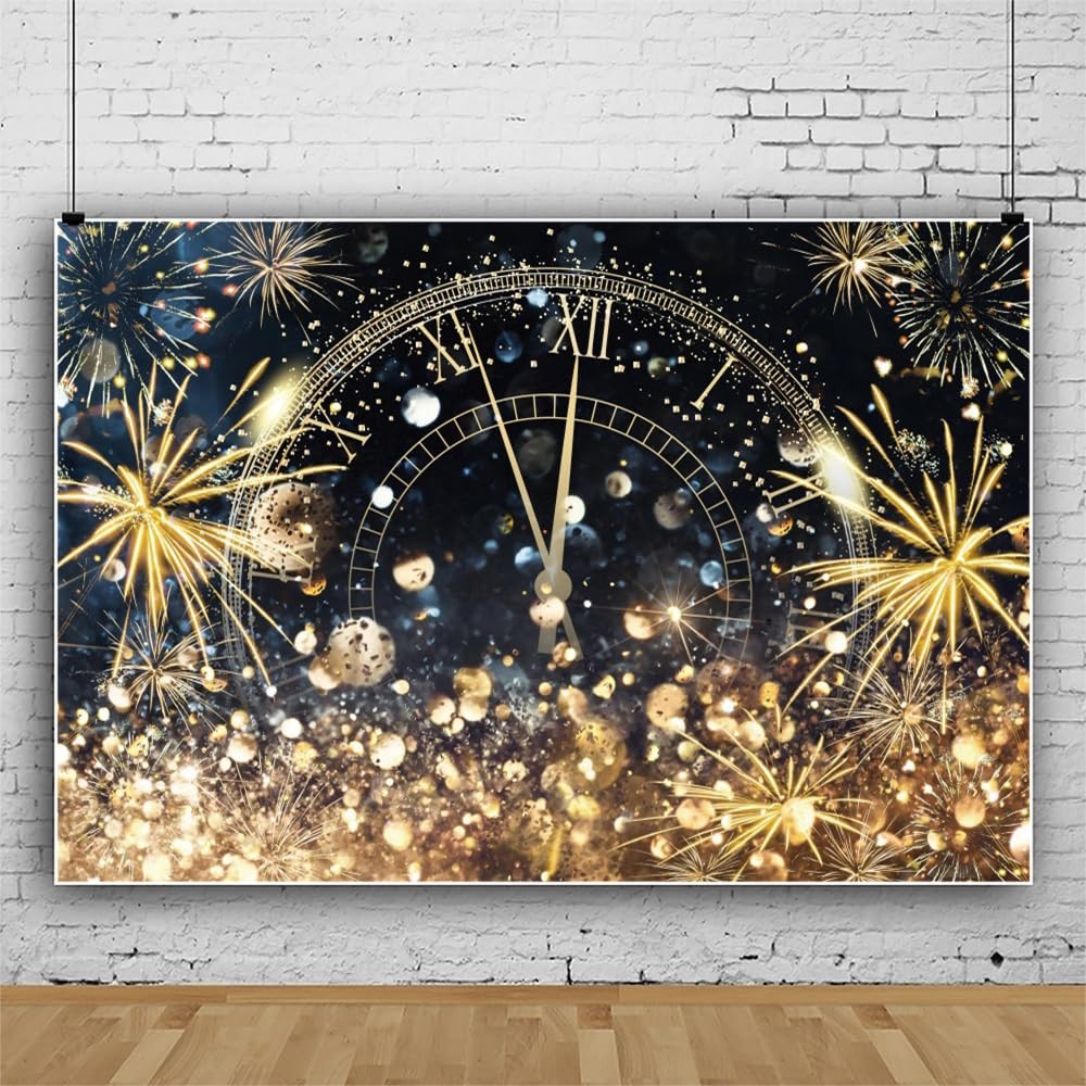 Vinyl Happy New Year Backdrop 10×8 Ft Clock Golden Fireworks Glitter Dots
