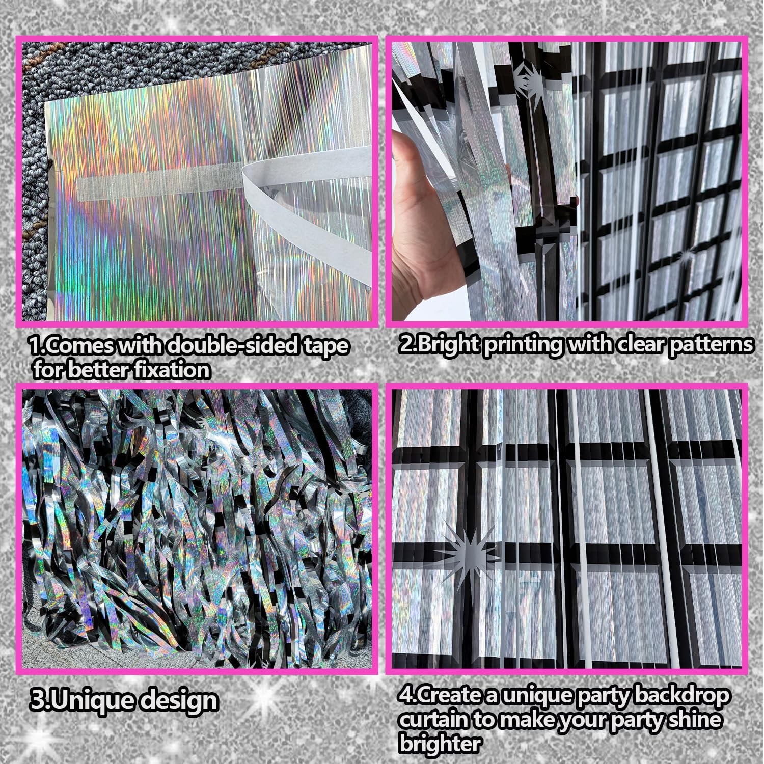 2 Pack Black Silver Foil Fringe Curtains Disco Party Backdrop Photo Background