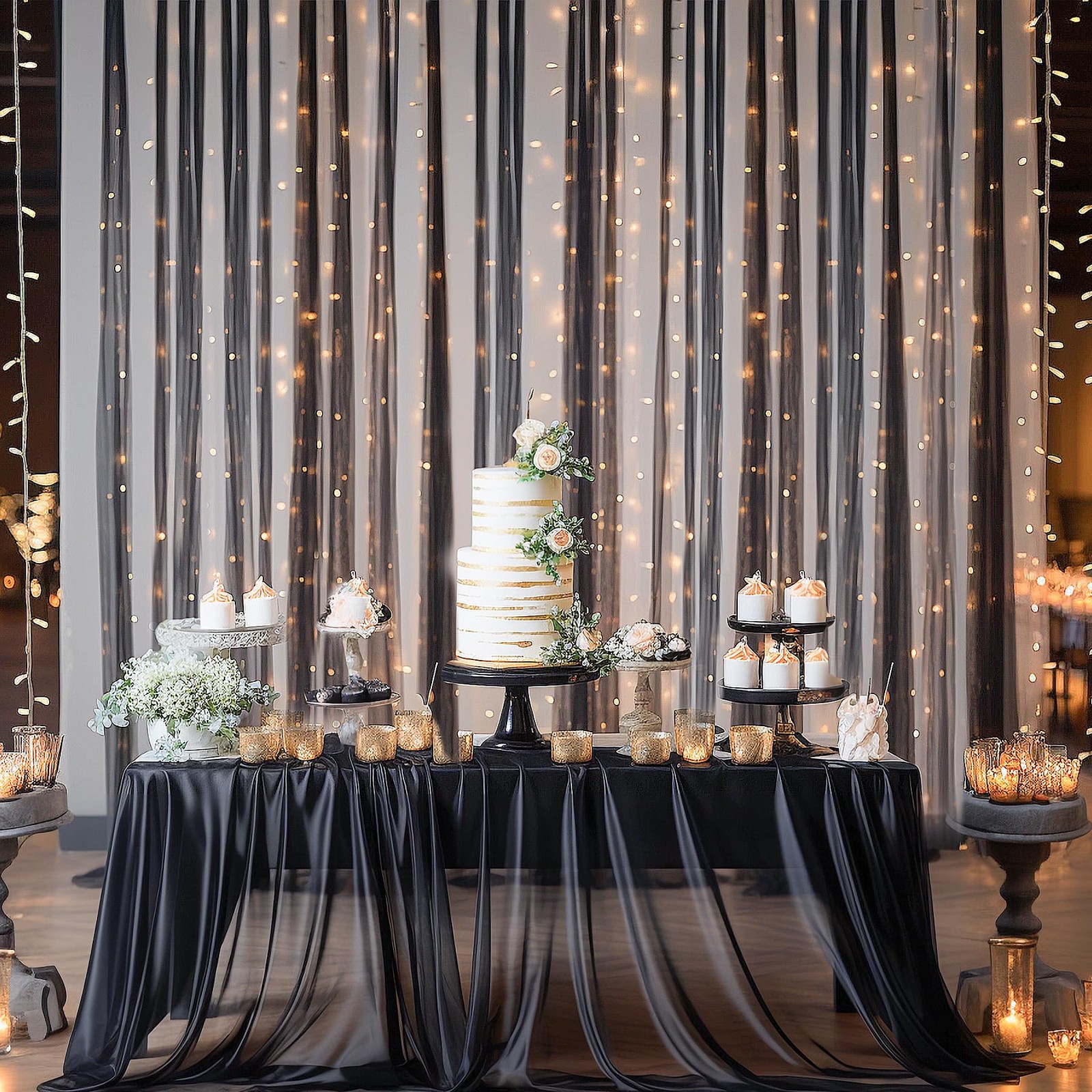 20×10 Black Tulle Backdrop Curtains Sheer Wedding Photo Background Drapes