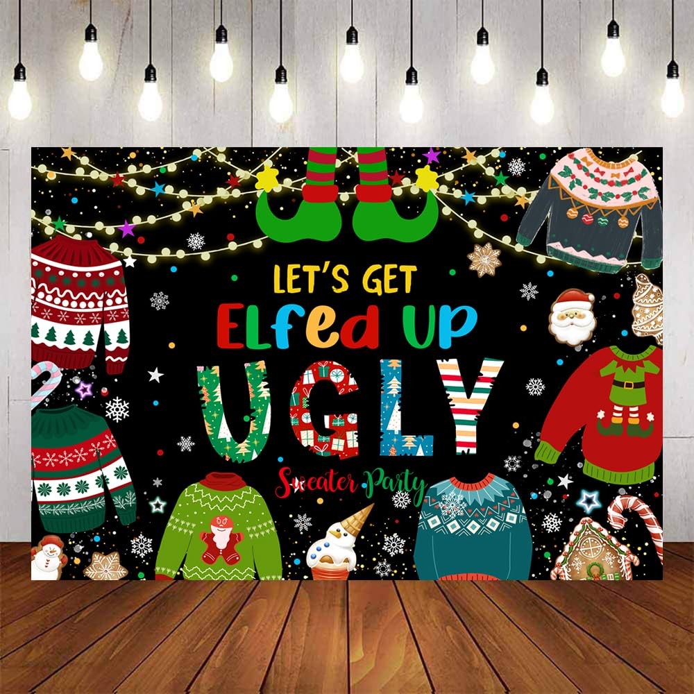 7×5 FT Ugly Sweater Christmas Party Backdrop Elfed Up Winter Holiday Prop