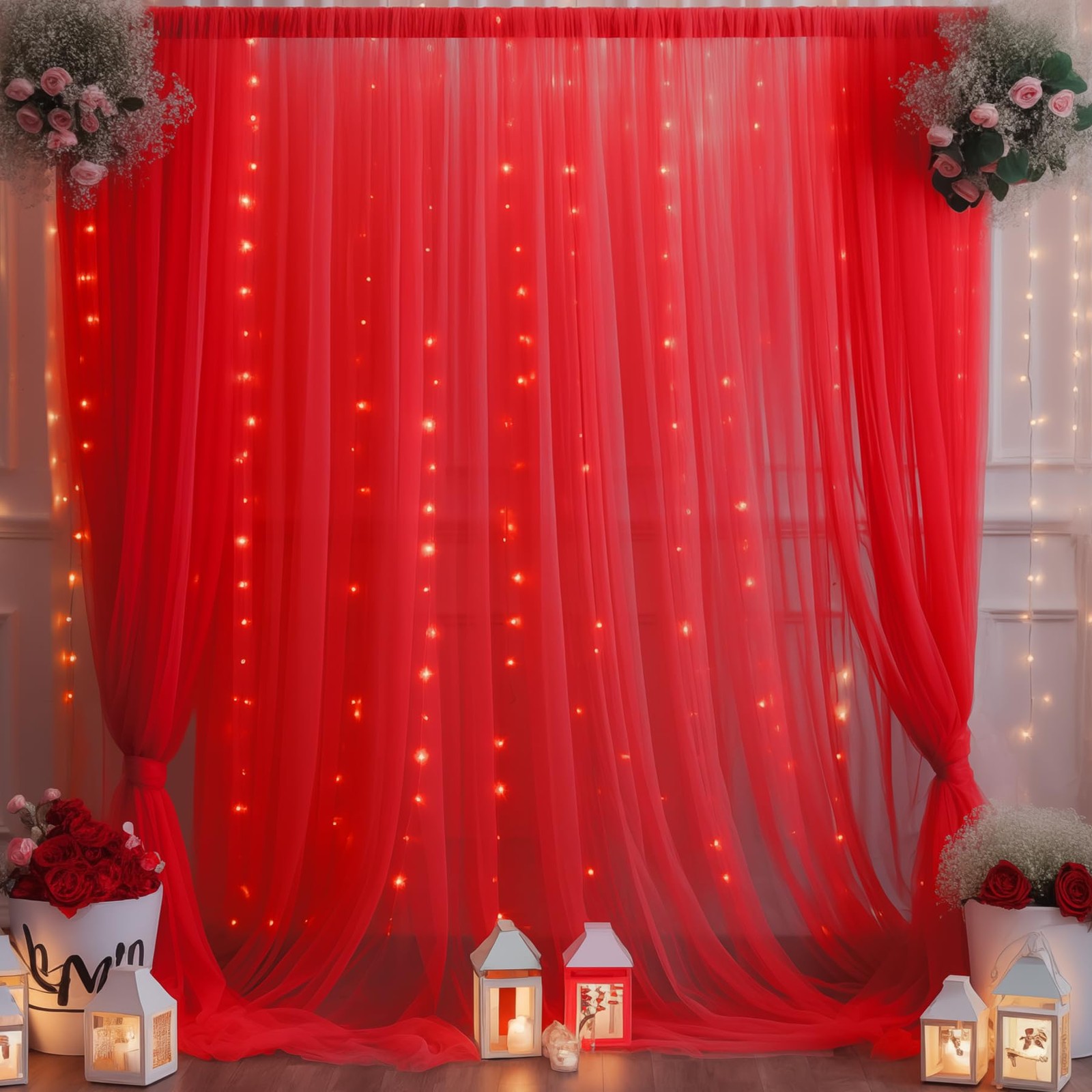 10×10 FT Red Tulle Backdrop Curtain with Lights String Wedding Party