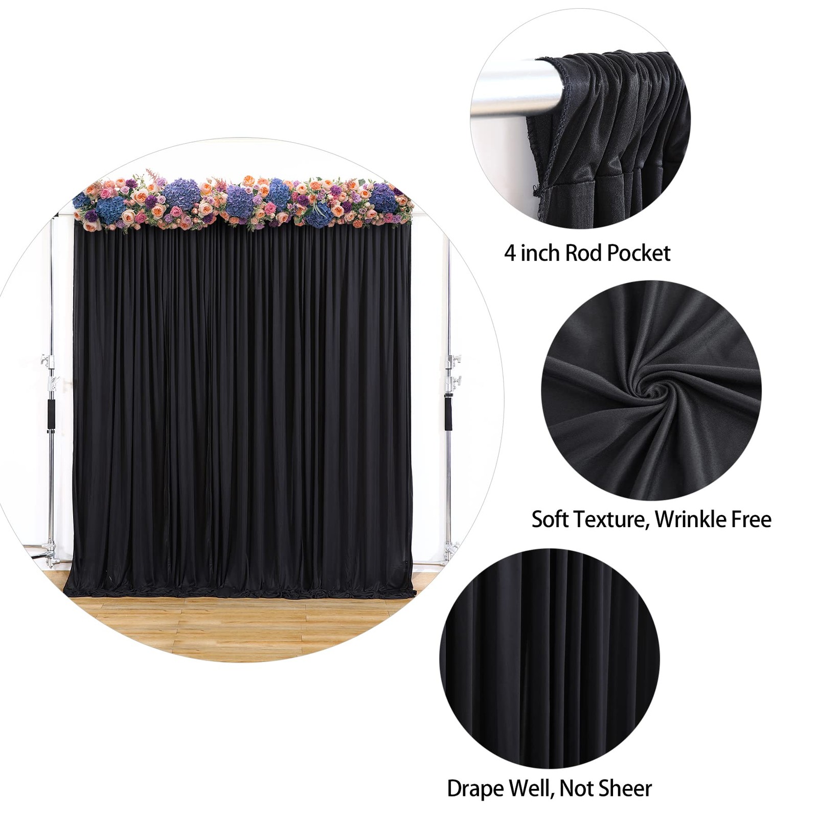 4 PCS 16×10 FT Black Backdrop Curtains Photo Background Drapes Rod Pocket
