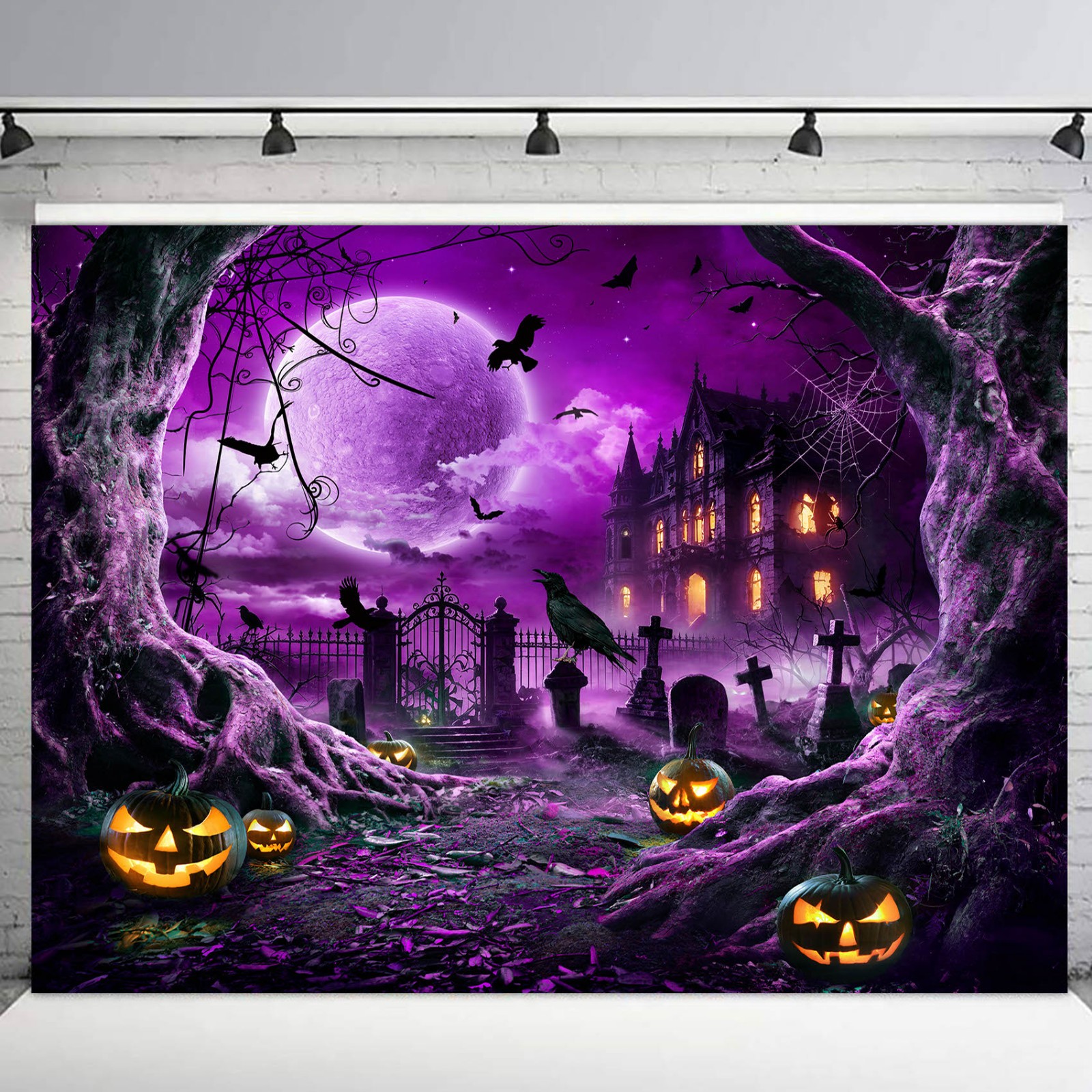 10x8ft Spooky Halloween Backdrop Spider Web Cemetery Background for Photography