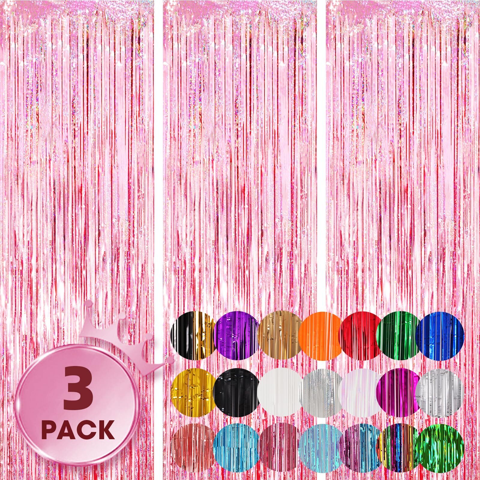 3 Pack Laser Pink Foil Fringe Curtains 3.3×8.2ft Baby Shower Disco Decor