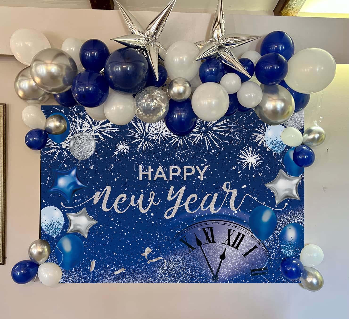 Happy New Year Backdrop 2026 Glitter Blue Fireworks New Years Eve Photography Ba