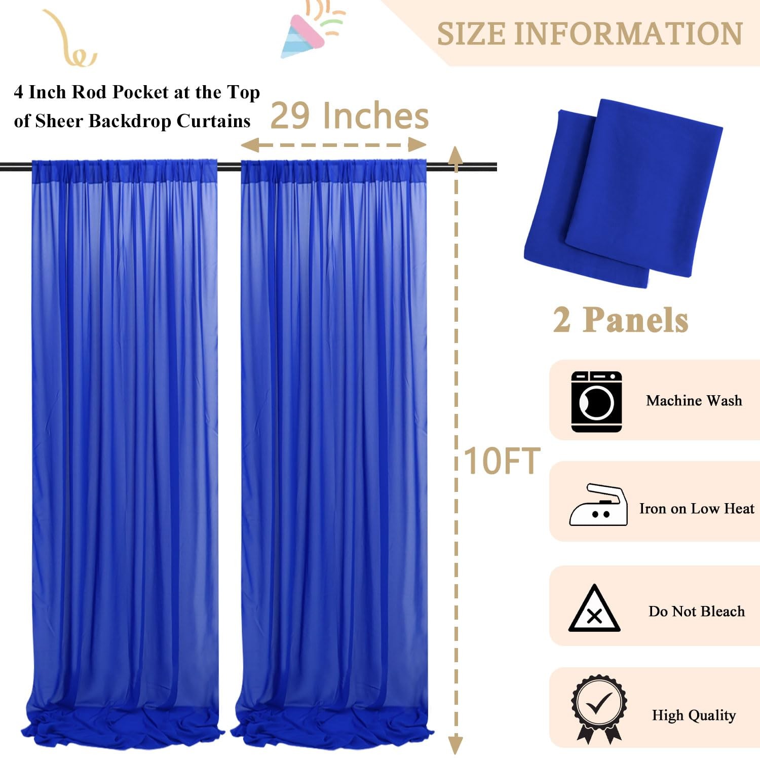 Royal Blue Chiffon Curtain Drapes 29×120 Inch 2 Panels Sheer Curtains Backdro…