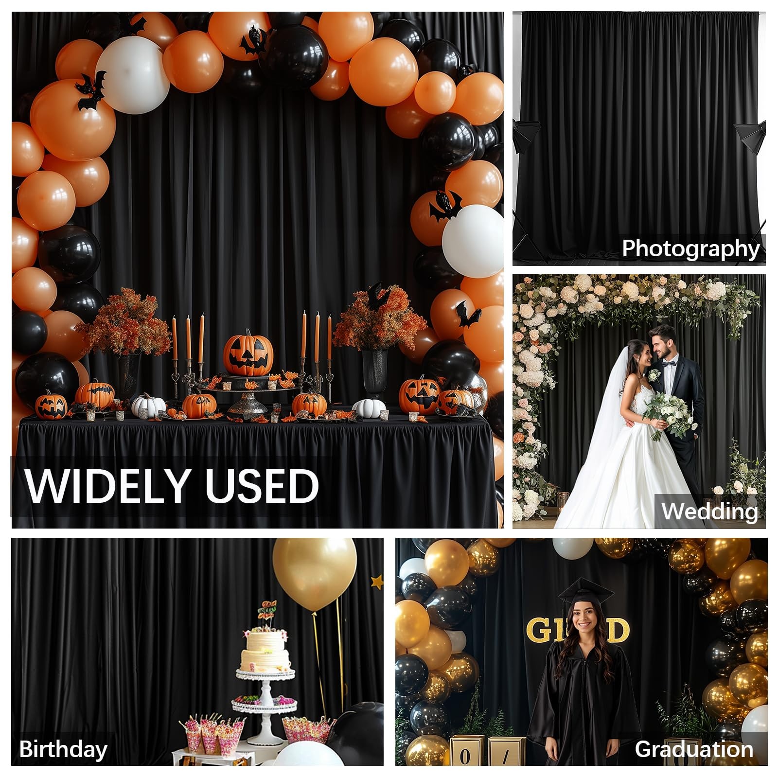 2 PCS Black Backdrop Curtains 5×10 Ft Wrinkle Free Party Photo Decoration