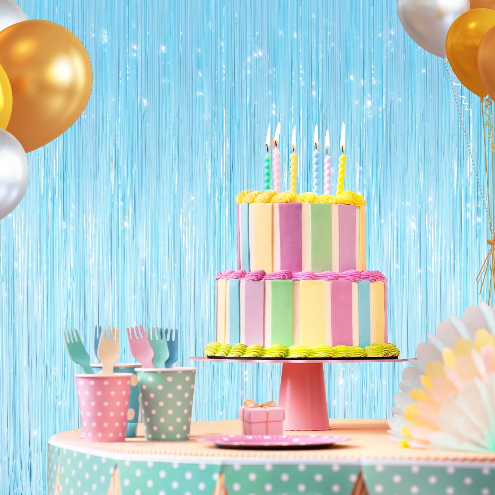 2 PCS Macaron Light Blue Metallic Tinsel Foil Fringe Curtain Photo Backdrop