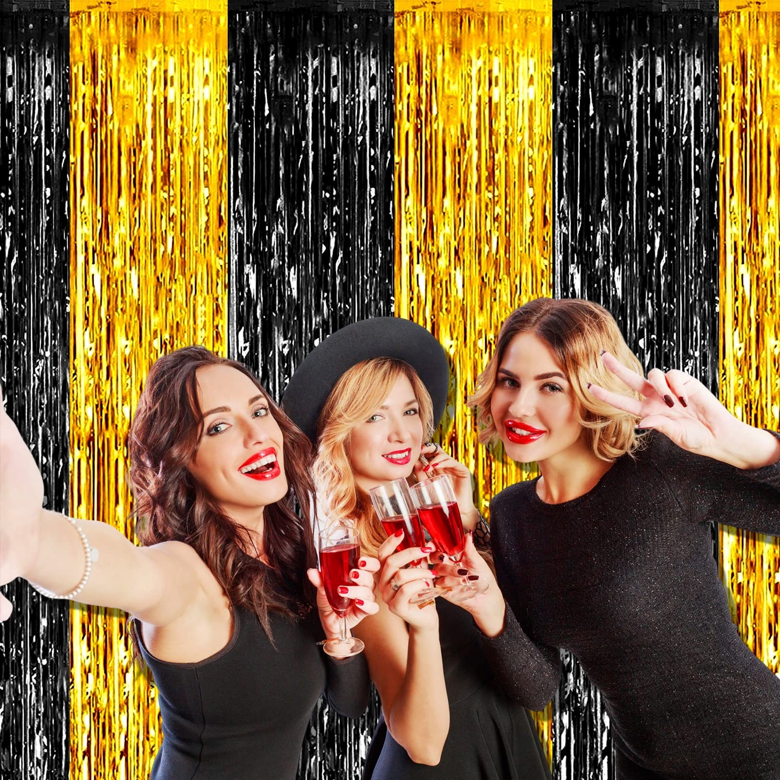 Foil Fringe Curtain Backdrop Metallic Tinsel Black Gold 3.28×9.8 Ft 4 PCS