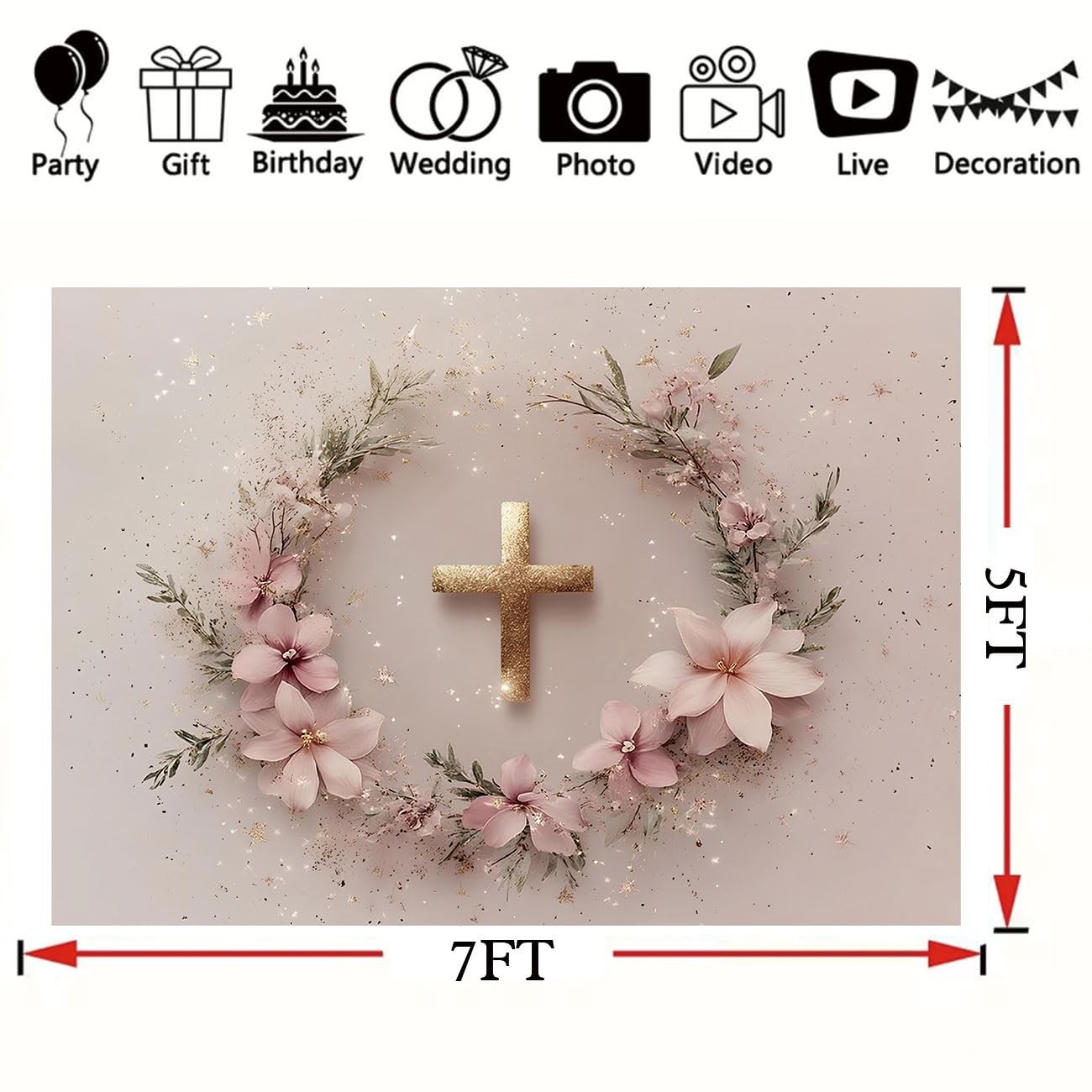 God Bless Baptism Photography Background Pink Floral Gold Backdrop 7x5ft