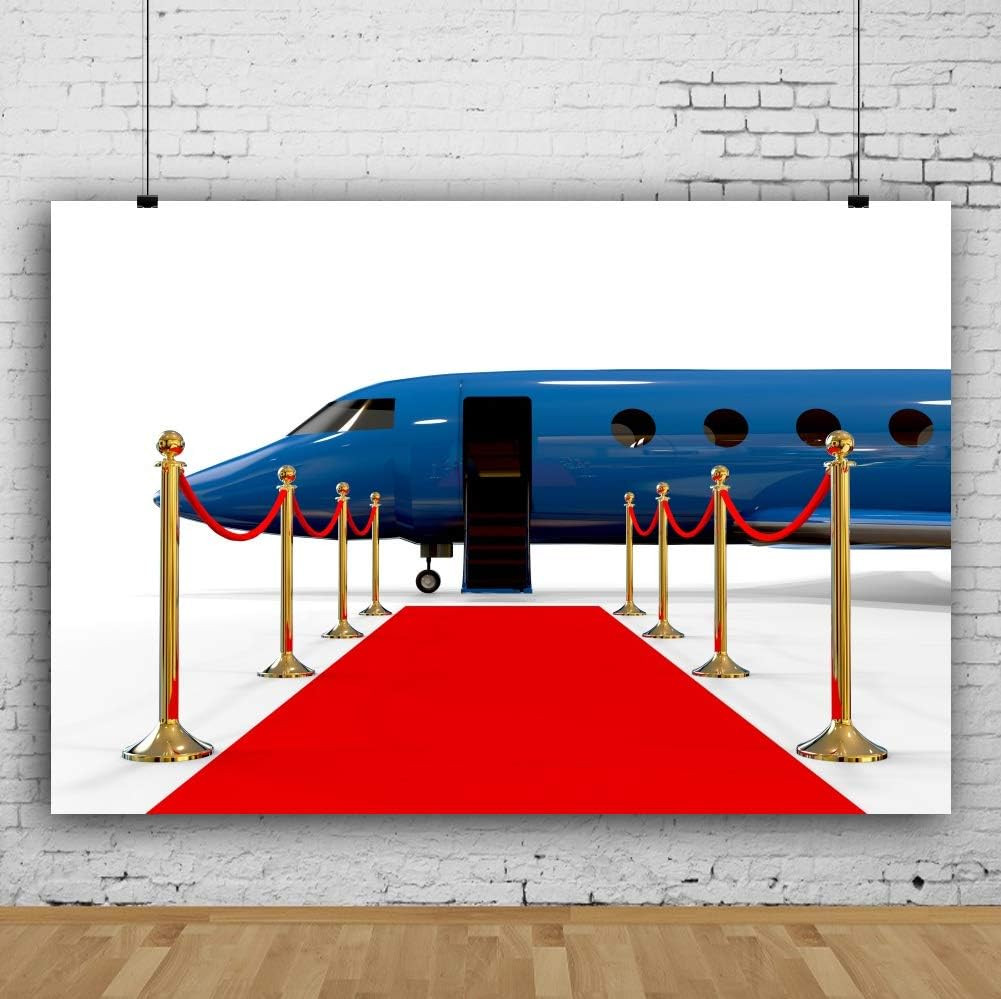 AOFOTO 10X7Ft Airport Pickup Red Carpet Backdrop Gold Bannister Blue Luxury Open