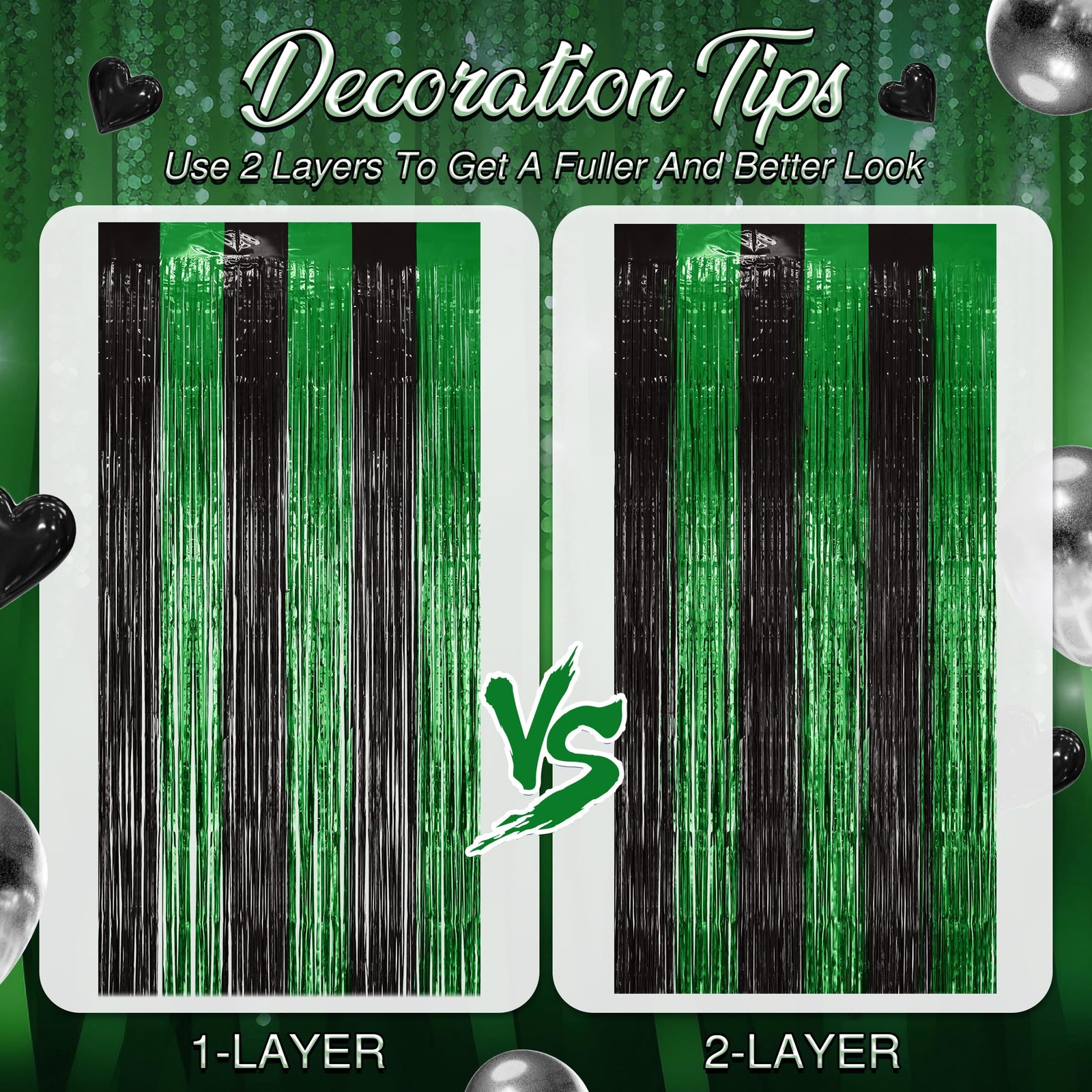 2 PCS Green Black Fringe Backdrop Shining Foil Tinsel Curtains Streamers
