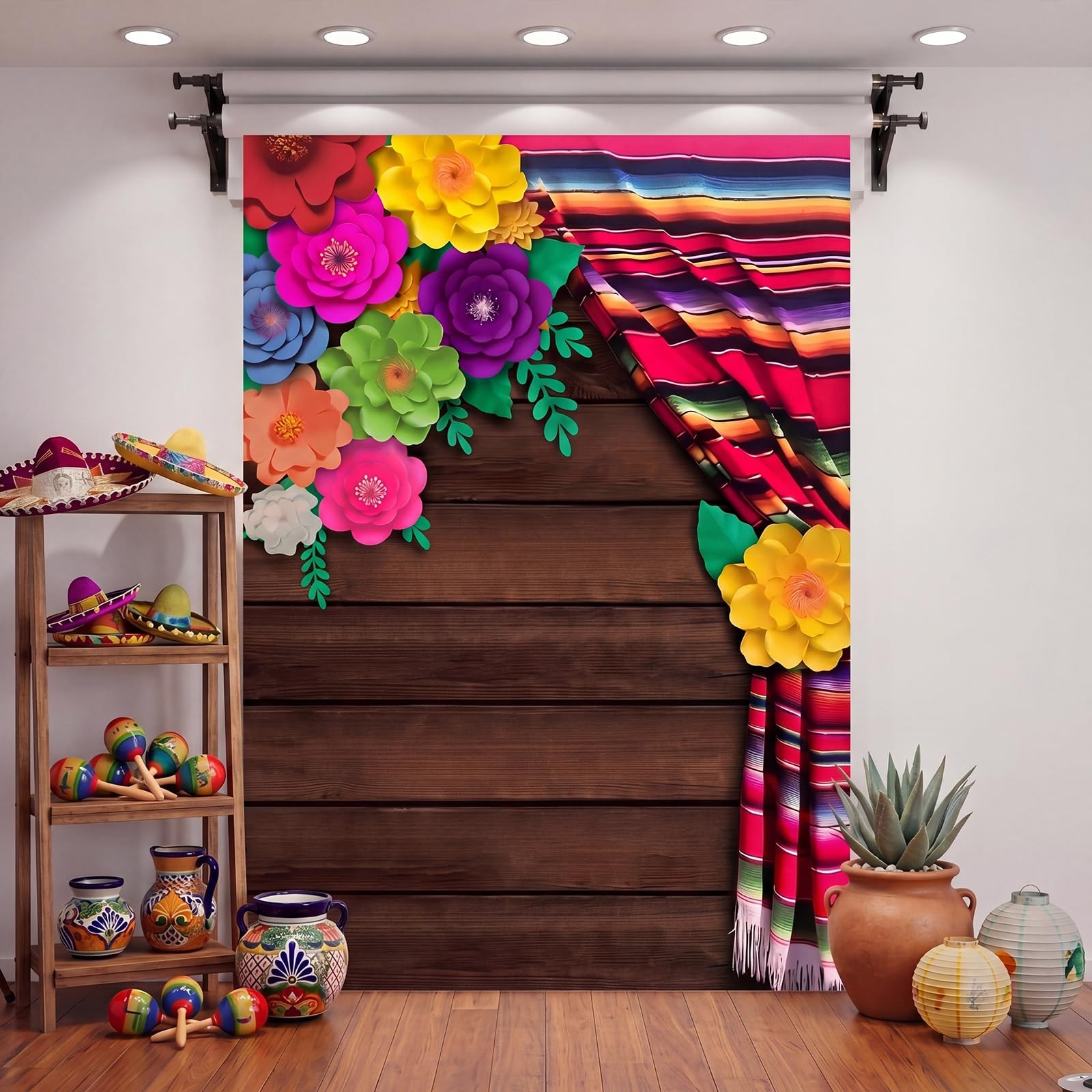 Mexican Fiesta 8x5ft Party Theme Flowers Wood Grain Photo Booth Backdrop