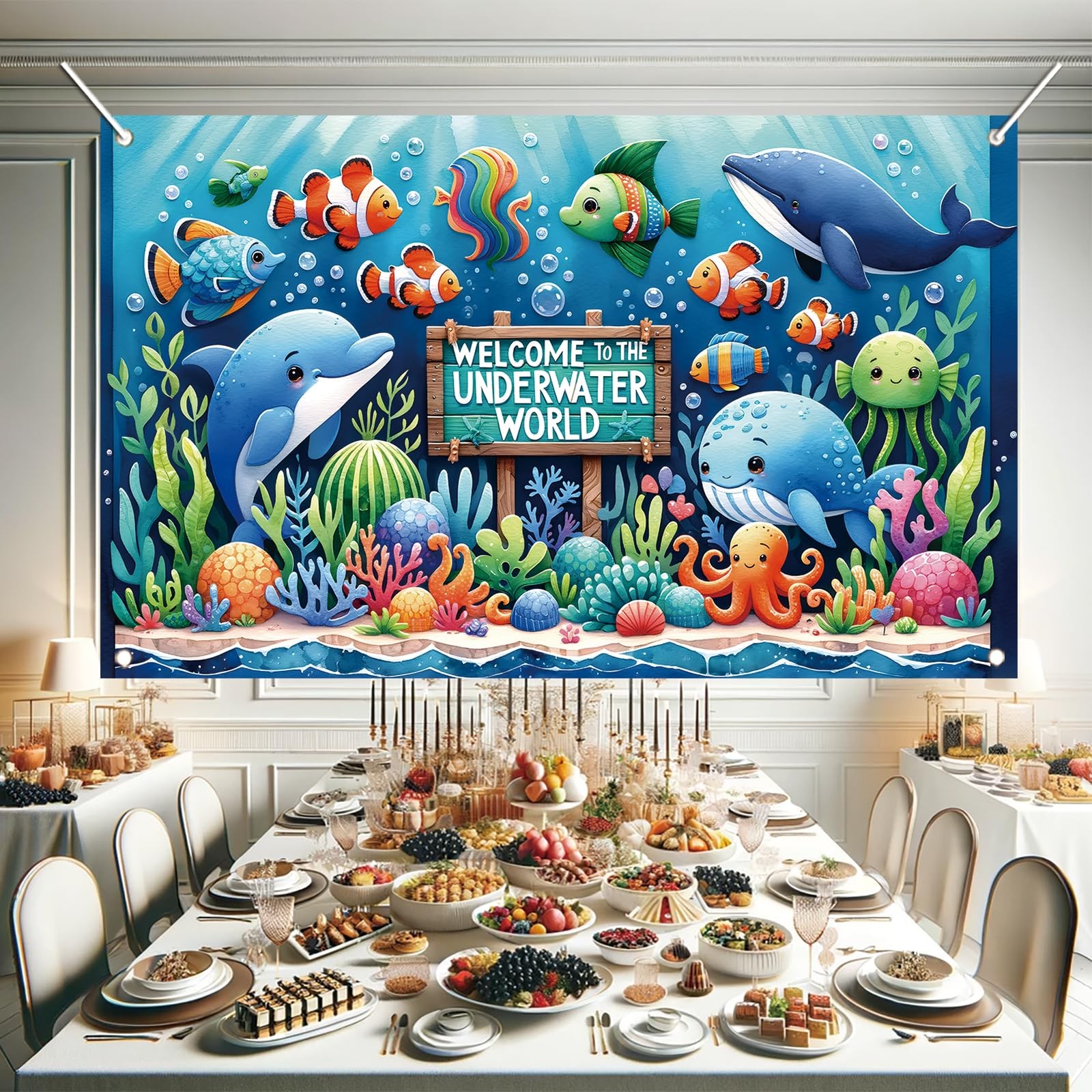 Underwater World Backdrop Banner Ocean Party Decoration Cute Sea Animal Banne…