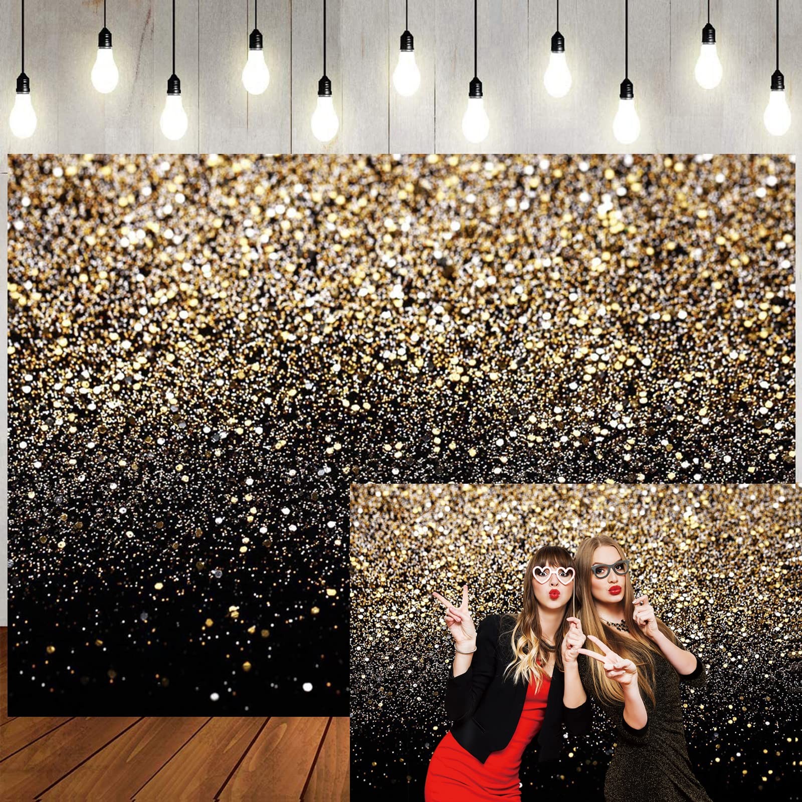 LTLYH 7x5ft Black and Gold Glitter Backdrop Happy New Year Eve Banner Decorat…