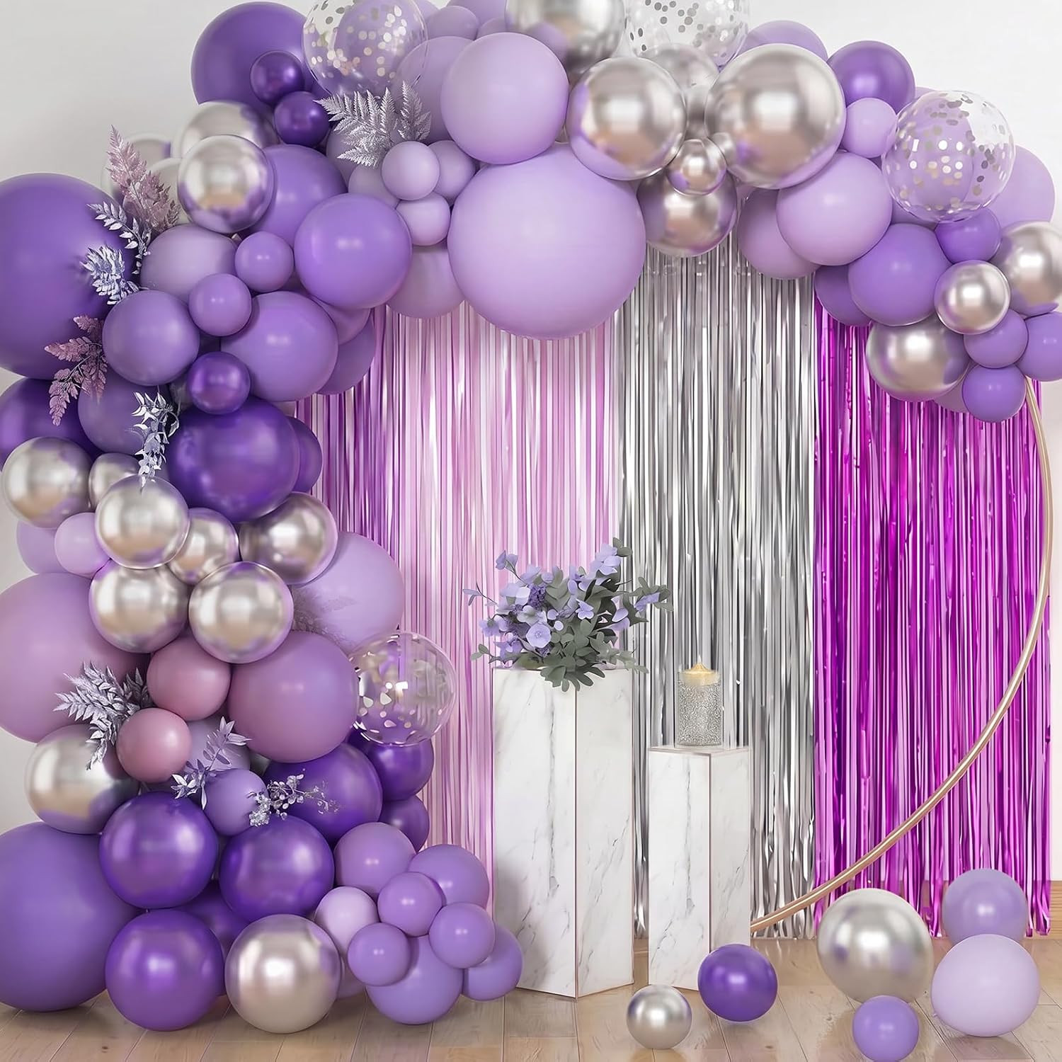4Pcs Purple and Silver Party Decorations 6.6Ft Fringe Curtains Decorations Purpl