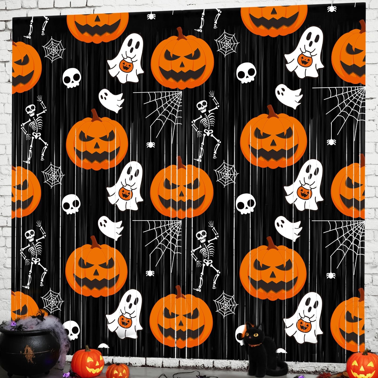 2 Pack Halloween Foil Fringe Curtains Black Orange Tinsel Photo Backdrop