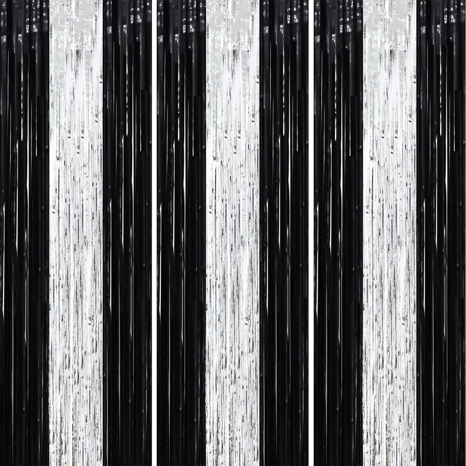 3 PCS 3.3×8.2 Ft Black Silver Foil Fringe Backdrop Curtains Tinsel Decor