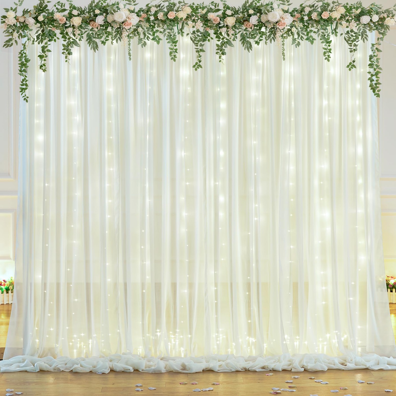 Ivory White Chiffon Backdrop Curtain 10×10 Ft With Lights String Wedding
