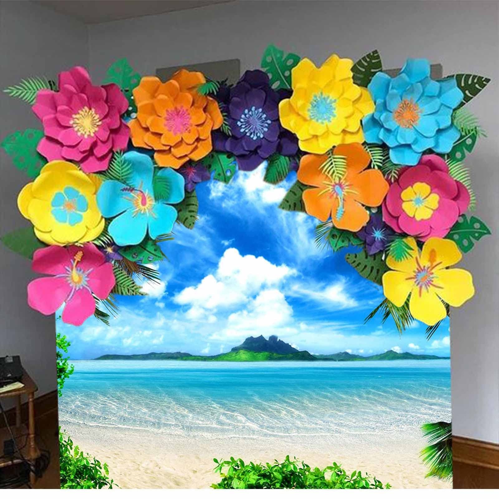 Summer Theme Photo Ocean Blue Sky Seaside Tropical Palm Trees Luau Party Deco…