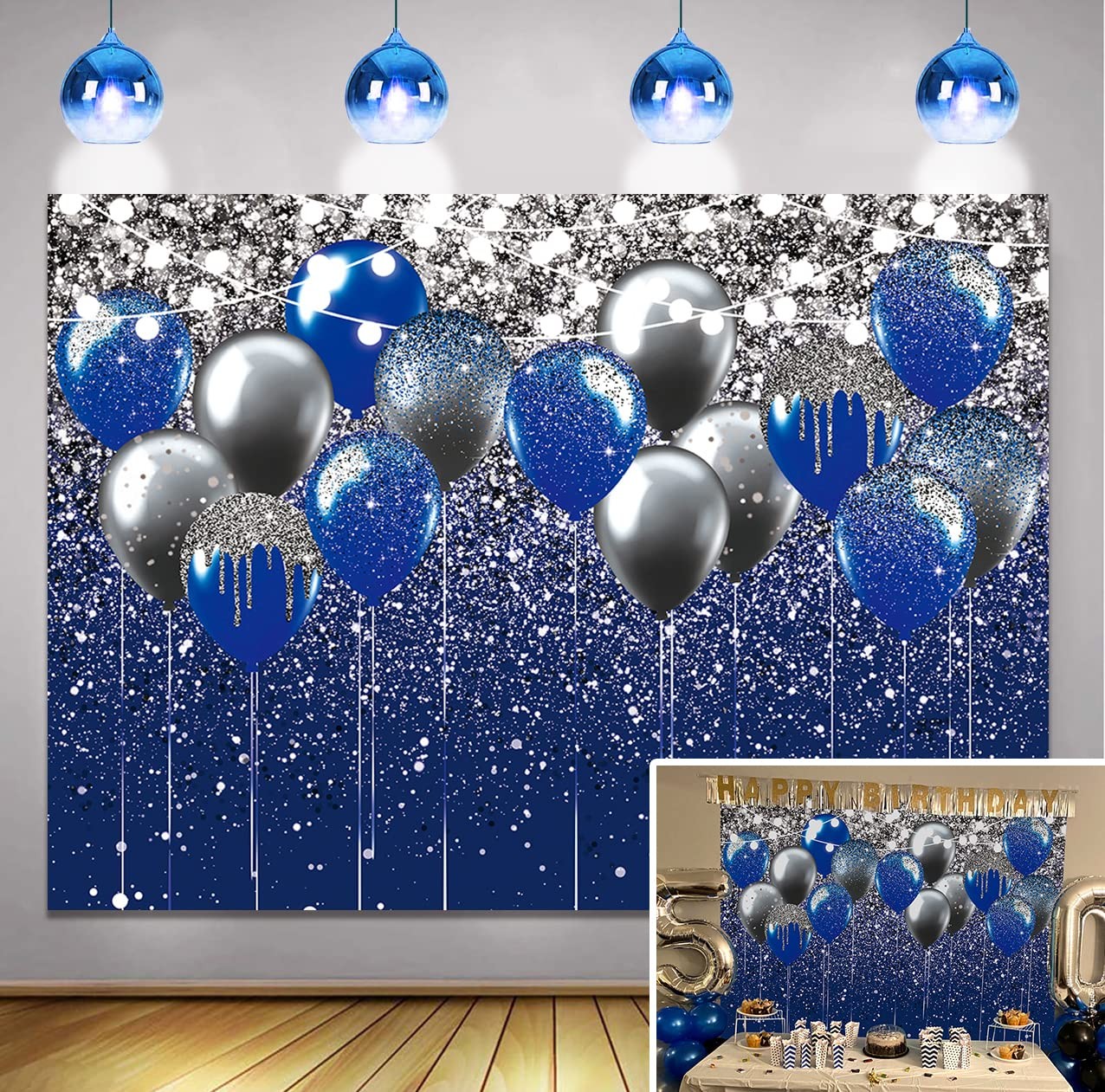 Royal Blue Glitter Backdrop 7x5FT Blue Silver Sequin Photography Studio Event