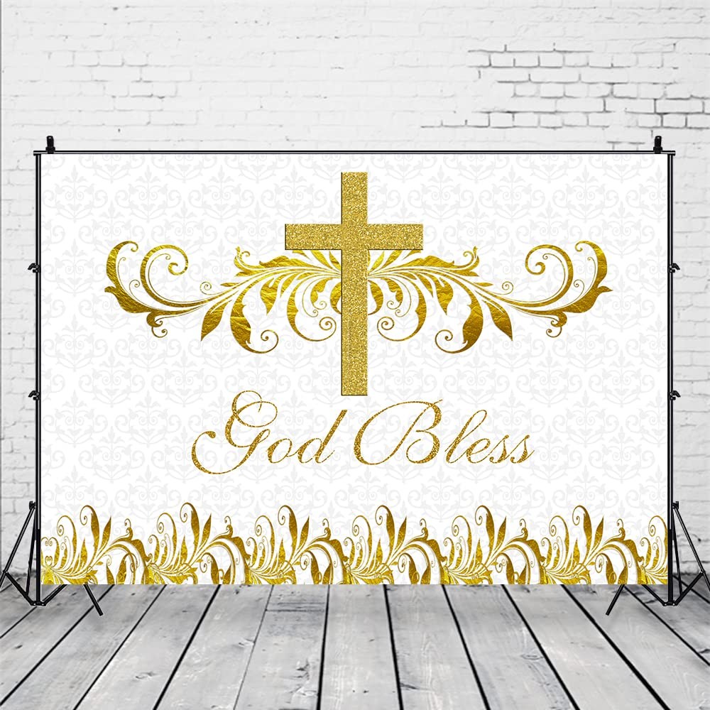 7x5ft God Bless Backdrop Baptism Holy Communion Gold White Floral Decor