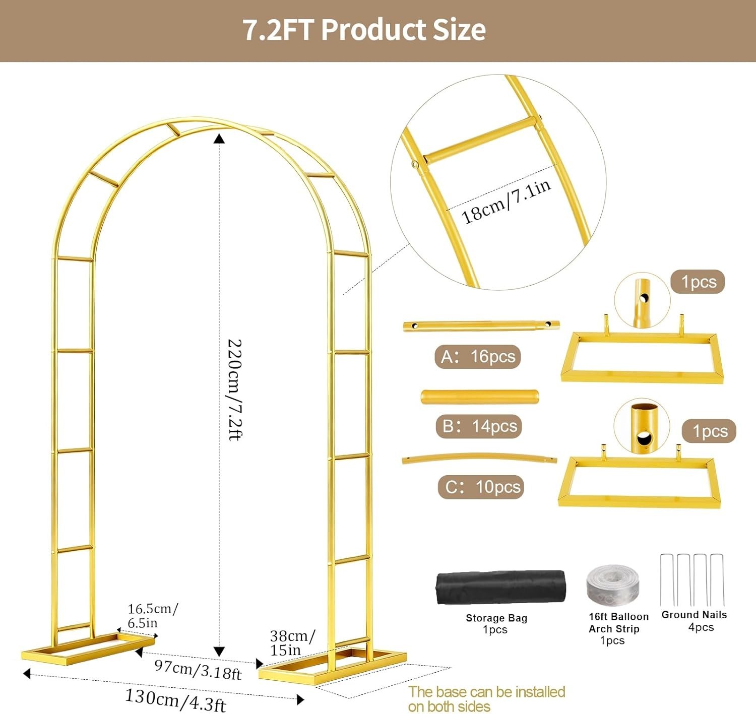 7.2FT Metal Wedding Arch Stand Gold Square Arched Backdrop Frame Metal Pergol…
