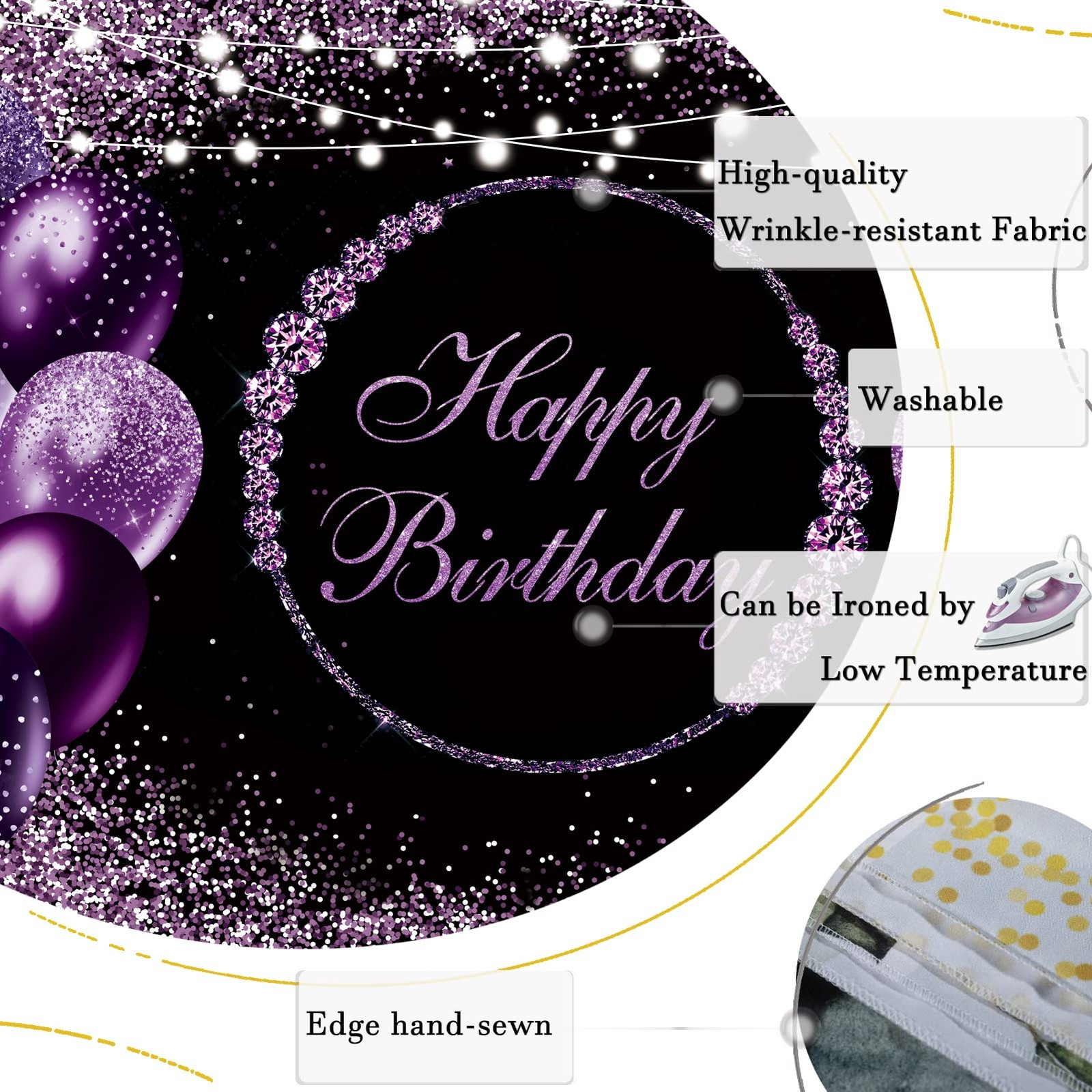 7x5Ft Purple Black Silver Happy Birthday Party Backdrop Photography Background