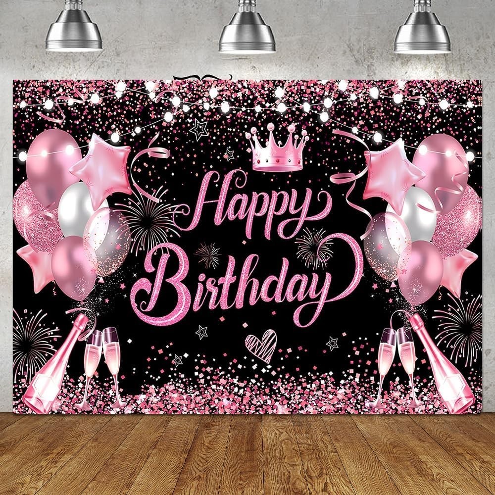 7X5Ft Pink and Black Happy Birthday Backdrop Women Birthday Party Photography