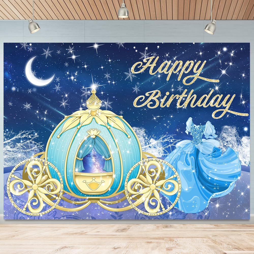 Dreamy Blue Happy Birthday Backdrop Princess Fairy Tale Glitter Gold Pumpkin Car
