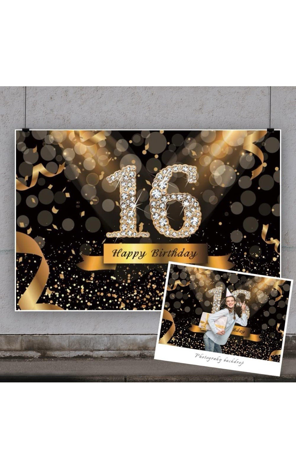Black Gold 16th Happy Birthday Backdrop Gold Glitter Photography Background