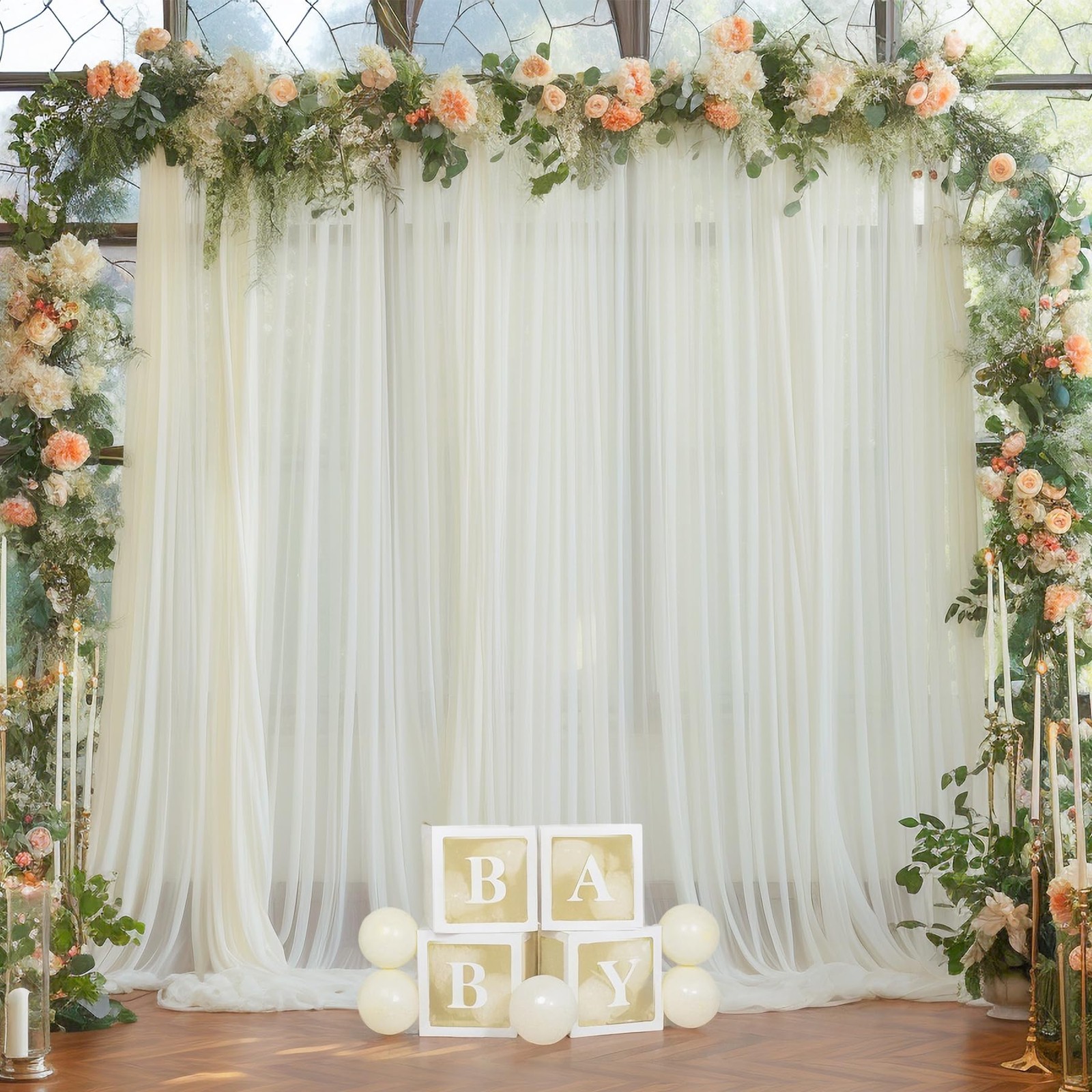 10×10 FT Ivory Sheer Tulle Backdrop Curtains Wedding Photo Drapes 2 PCS