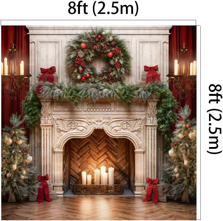 8X8Ft Classic Christmas Fireplace Backdrops for Photography Vintage Mantel Garla