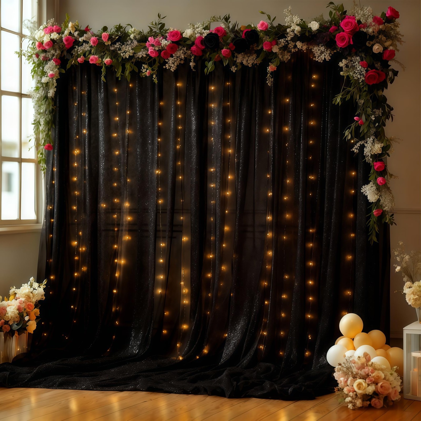Black Backdrop Curtains 10x10ft Wrinkle Free With Light String Background