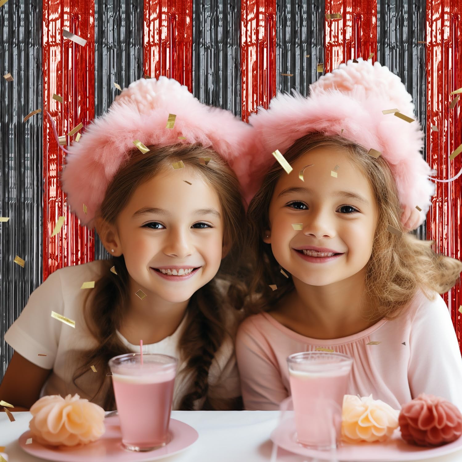 2 Pack Foil Fringe Backdrop Red&Black Shiny Tinsel Curtains for Party Decora…