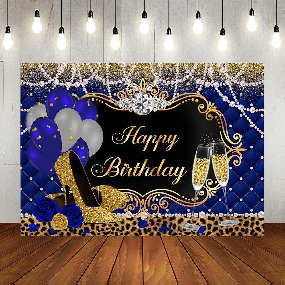 Gold and Royal Blue Birthday Backdrop for Women Happy Birthday Party Backgrou…