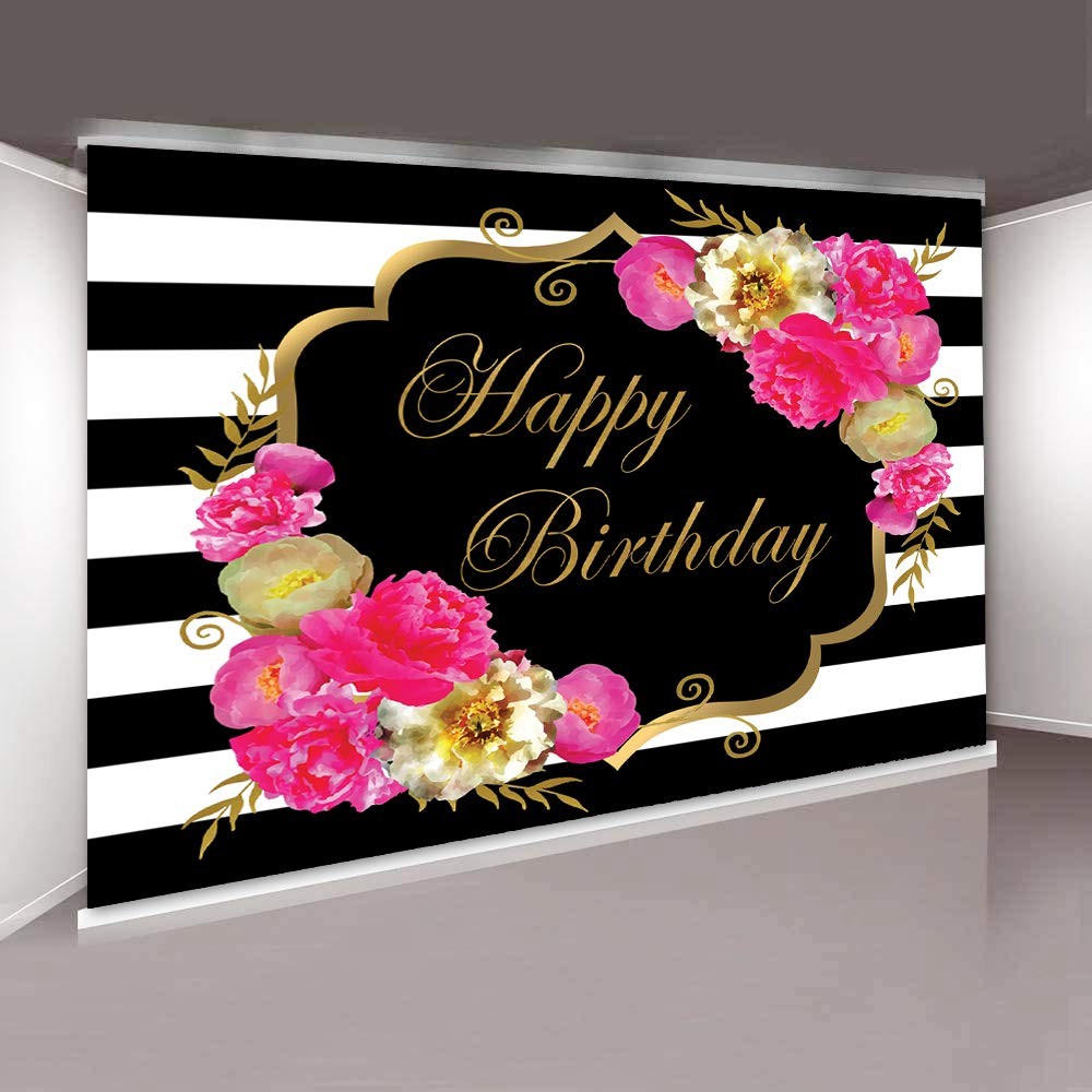 7x5ft Floral Happy Birthday Backdrop for Women Black White Stripe Background
